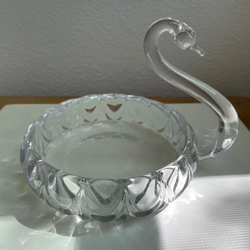 Vintage Clear Glass Swan Detailed Medium Candy Dish Vintage Trinket Catchall